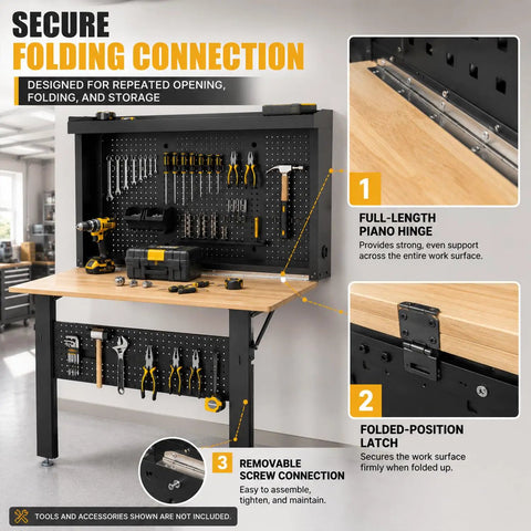 Wall Mounted Fold Down Workbench With Pegboard Organizer showing piano hinge and latch detail in garage setup.