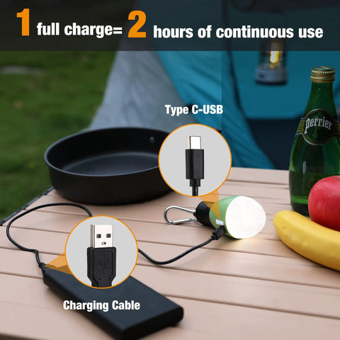 Rechargeable Camping Light With Clip Hook, USB-C cable connected, showing Type C connector, charger on outdoor table