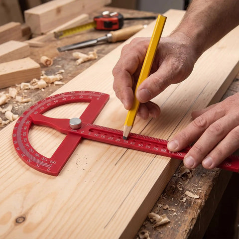 Heavy Duty Angle Finder With Dead Nuts Secure Locking Swing Arm Reads Zero To One Eighty Degrees measuring angle on wood.