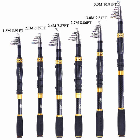 Lineup of ultralight telescopic fishing rods in various lengths with 24 Ton carbon fiber build, CNC reel seat, and stainless steel guides.