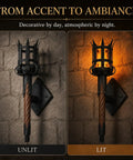 Medieval LED Torch Wall Sconce showcasing unlit and lit states, featuring gothic design and flame-effect ambiance.