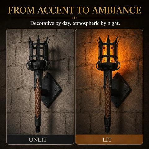Medieval LED Torch Wall Sconce showcasing unlit and lit states, featuring gothic design and flame-effect ambiance.