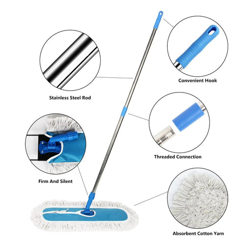 Heavy Duty 24 Inch Commercial Dust Mop With Long Swivel Handle For Wet And Dry Cleaning featuring stainless steel rod and absorbent cotton yarn.