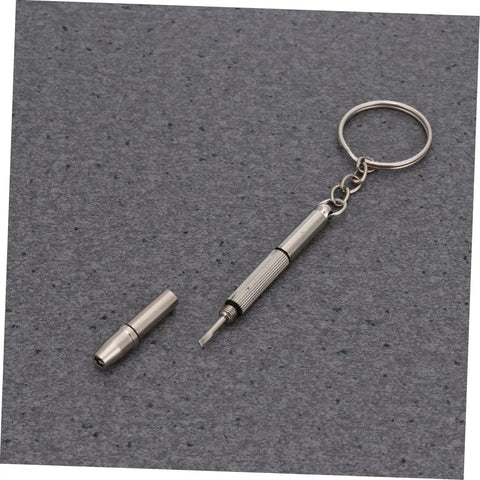 Must Have Mini Screw Kit Set Stainless Steel Miniature Screws With Screwdriver And Tweezers For Glasses Watches Cameras And More Rust Resistant Long Lasting Repair Kit, showing screwdriver keychain on gray background