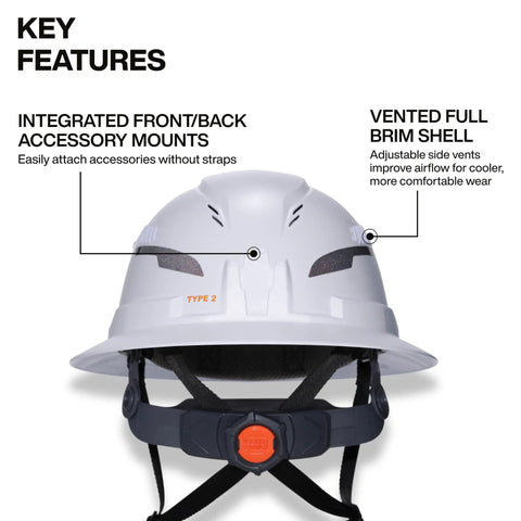 Front view of a Type 2 Vented Full Brim Hard Hat With Chin Strap And 6-Point Suspension, Class C ANSI Z89.1 2014 HT-LT Protective Gear