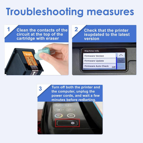 Troubleshooting steps for 210XL 211XL Combo Pack Remanufactured Ink Cartridges For Canon PIXMA Printers, including cleaning contacts.