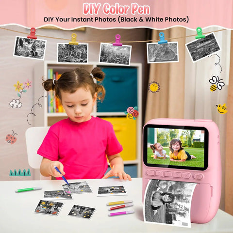 Instant Print Camera For Kids With Three Inch HD Screen 32MP Photos And 1080P Video Built In Flash Filters And Frames Time Lapse Burst Shot MP3 Music Player And Fun Modes For Creative Young Photographers, pink, with printed photos