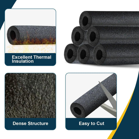 Insulating Foam Pipe Covers For Outdoor And Indoor Water Lines, 12 Pack 1/2 Inch, showing thermal insulation, dense structure, easy cutting.