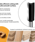 7 Piece Straight Router Bit Set With 1/4 Inch Shank Plunge Top Bearing Flush Trim Bits For DIY Woodworking Includes Cut Diameters 1/8 5/32 3/16 1/4 5/16 3/8 1/2 Inches And Heights 1/2 3/4 1 1-3/16 Inches. Straight router bit shown with wood samples for MDF, plywood, hardwood, and particleboard.