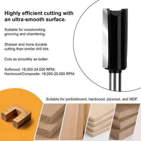 7 Piece Straight Router Bit Set With 1/4 Inch Shank Plunge Top Bearing Flush Trim Bits For DIY Woodworking Includes Cut Diameters 1/8 5/32 3/16 1/4 5/16 3/8 1/2 Inches And Heights 1/2 3/4 1 1-3/16 Inches. Straight router bit shown with wood samples for MDF, plywood, hardwood, and particleboard.