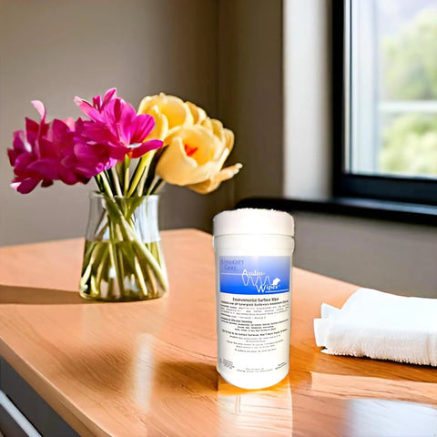 Container of alcohol-free cleaning wipes on a wooden table, next to folded cloth and flowers in a vase.