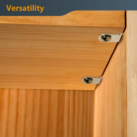 Heavy Duty Nickel Plated Shelf Brackets 50 Pack Quarter Inch L Shaped Supports mounted on wooden shelving for reliable weight support.