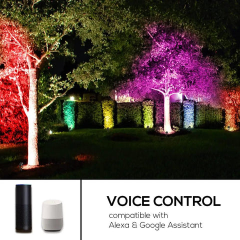 Seriously Slick Smart Outdoor RGBW Landscape Lights 5 Pack with color-changing effect on trees, with Alexa and Google Assistant controls.