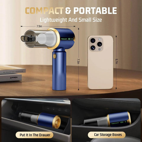 Cordless Car Handheld Vacuum Cleaner With 16000Pa Suction Brushless Motor And HEPA Filter Ultra Lightweight And Compact For Cars And Office No Cords Quick Cleanups Easy Empty Dust Cup Blue, shown next to a smartphone for size comparison.