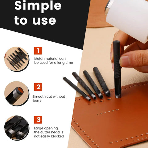 Pro Grade 12 Piece Round Leather Hole Punch Set With Hardened Carbon Steel Cutting Edge in use on leather material