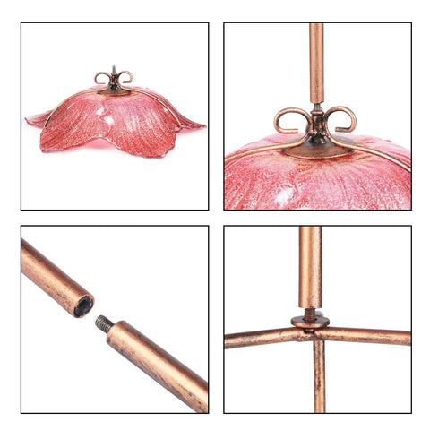 Assembly details of Handmade Glass Bird Bath With Red Finish On A Sturdy Three Prong Metal Stake For Garden Or Backyard Use