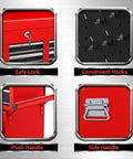 Heavy Duty 8 Drawer Rolling Tool Chest With 3 In 1 Modular Toolbox Set And Detachable Four Wheel Utility Cart, Lockable Cabinets, Protective Liner, Beefy Build Extra Large Capacity For Garage, Shop Or Workshop, 35W X 13D X 43H close-ups of lock, hooks, handles