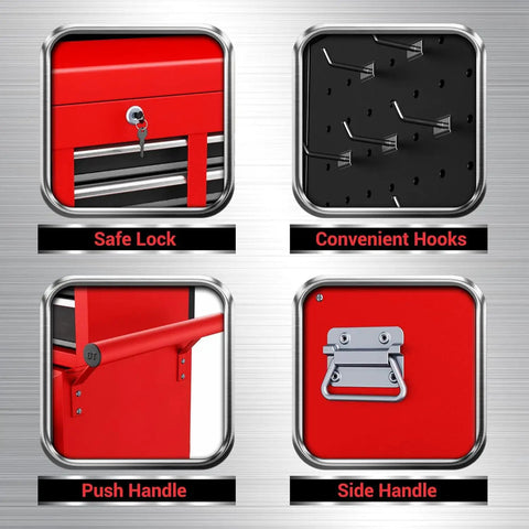 Heavy Duty 8 Drawer Rolling Tool Chest With 3 In 1 Modular Toolbox Set And Detachable Four Wheel Utility Cart, Lockable Cabinets, Protective Liner, Beefy Build Extra Large Capacity For Garage, Shop Or Workshop, 35W X 13D X 43H close-ups of lock, hooks, handles
