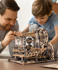 Father and son assembling 3D Wooden Marble Run Puzzle Kit for Adults, Mechanical Marble Track Building Set with 294 pieces