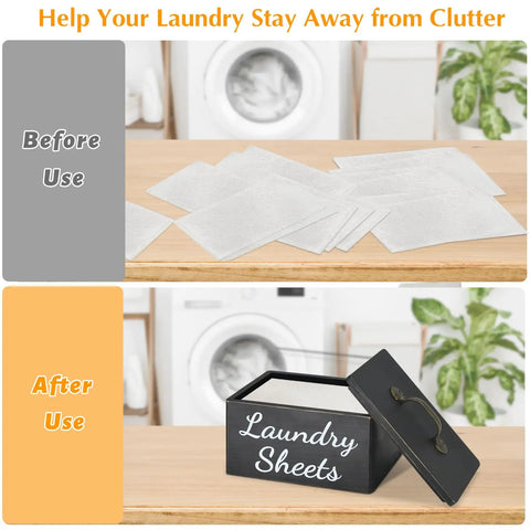 Rustic Black Dryer Sheets Holder With Lid For Decor shown before and after organizing laundry sheets