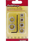 Top Shelf 6 Pc Drill Stop Set With Quick Adjust Depth Stops For Knocking Out Perfect Holes Fast Rock Solid Alloy Steel Construction In 3/16 To 1/2 Inches contained in a packaging view.