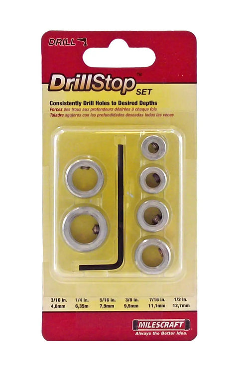 Top Shelf 6 Pc Drill Stop Set With Quick Adjust Depth Stops For Knocking Out Perfect Holes Fast Rock Solid Alloy Steel Construction In 3/16 To 1/2 Inches contained in a packaging view.
