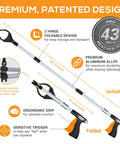 EZPIK Pro 43-inch foldable reacher tool with aluminum shaft and orange ergonomic grip