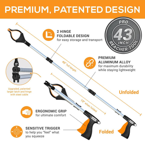 EZPIK Pro 43-inch foldable reacher tool with aluminum shaft and orange ergonomic grip