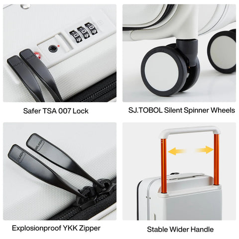 Features of 20 Inch Carry On Luggage With Front Pocket And Front Opening Design Aluminum Hardside Spinner Wheels TSA Lock Airline Approved White Travel Case 41 L Capacity