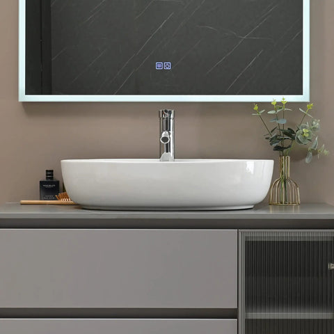 White Ceramic Vessel Sink With Faucet And Pop Up Drain Oval Above Counter Bathroom Vanity Basin Durable Porcelain Minimalist