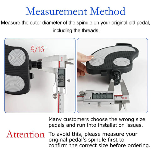 9/16-Inch Exercise Bike Pedals With Straps Replacement Parts, showing spindle measurement with caliper