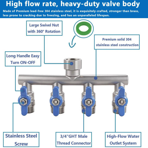 Heavy Duty 4 Way Garden Hose Splitter With Full Flow Ball Valve, 304 Stainless Steel, Lead Free, 3/4 Inch GHT Thread, Extra Long 2.1 Inch Handle, Outdoor Spigot Faucet Connector For Fast, Unrestricted Water Distribution showing four blue valves