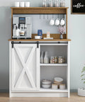 White Farmhouse Coffee Bar Cabinet With Hutch Sliding Barn Door 31 Inch Buffet With Six Mug Hooks And Adjustable Shelves