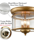 Rustic Gold 3-Light Flush Mount Ceiling Light With Clear Glass Shade, Antiqued Brass Finish, showing bulb holders and glass detail