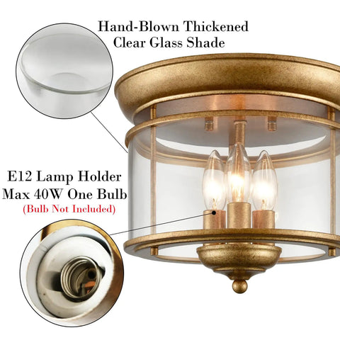 Rustic Gold 3-Light Flush Mount Ceiling Light With Clear Glass Shade, Antiqued Brass Finish, showing bulb holders and glass detail