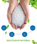 Hands holding white plastic resin pellets with text highlighting no smell, high quality, pure clean, and durable attributes.