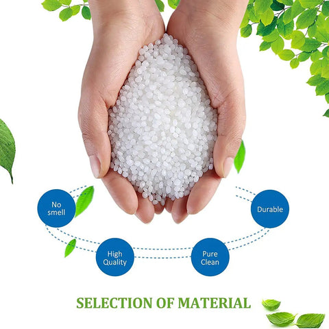 Hands holding white plastic resin pellets with text highlighting no smell, high quality, pure clean, and durable attributes.