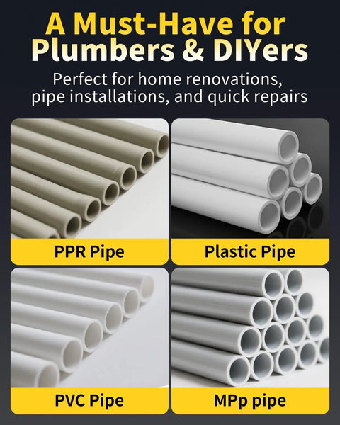 Various pipe types for plumbing needs, featuring PPR, PVC, Plastic, and MPp pipes ideal for renovations and repairs.