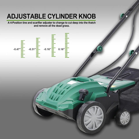 Side view of Two In One Electric Dethatcher And Scarifier For Lawns 13 Inch Walk Behind Dethatcher with 4 position depth adjustment.