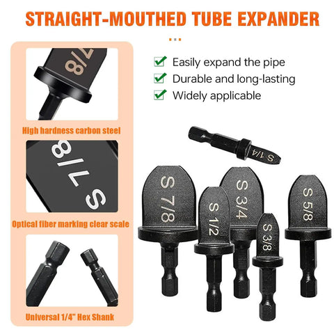 HVAC Copper Tube Expander Tool With Bit Holder For Air Conditioners, Beefy HSS Steel Construction, Six Pipe Sizes Including One Quarter, Three Eighths, One Half, Five Eighths Inches, Reusable Swedge Tool For Quick Copper Tube Reconditioning, 1/4 hex shank bits