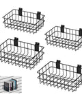 4 Pack Heavy Duty Slatwall Baskets Set For Garage And Shop Organization, metal bins, black finish, two sizes shown on slat wall.