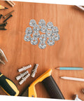 Must Have 15 Pc Chainsaw Bar Accessories Kit With Guide Nut Rivnut Tool Set For Easy Cordless Drill Installation And Stable Saw Guide Bar Secure Mounting On All Models silver nuts on wood surface