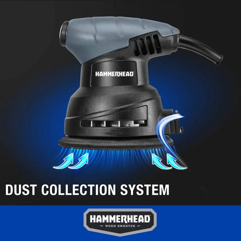 Workhorse 2.0 Amp 5 Inch Random Orbit Sander With 12000 OPM Quick Sandpaper Change shown with dust collection system.