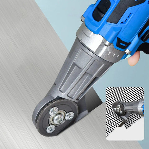 Heavy Duty 16.8V Cordless Electric Sheet Metal Cutter With Steel Gears And 1500mAh Battery cutting through thin aluminum sheet.