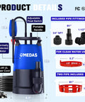 Diagram of 1HP 750W Heavy Duty Submersible Sump Pump with features like float switch, fittings, and 16.4 ft cable shown.