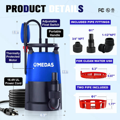 Diagram of 1HP 750W Heavy Duty Submersible Sump Pump with features like float switch, fittings, and 16.4 ft cable shown.