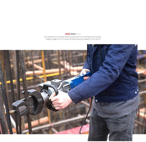 Portable Steel Bar Bending Machine With Electric Hydraulic System For Fast Rebar Cutting held by user on construction site.