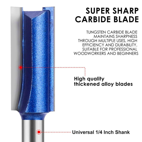 Detailed view of Double Flute Straight Flush Trim Router Bit Set With 1/4 Inch Shank Cutting Diameters 1/4 In 5/16 In 3/8 In 1/2 In