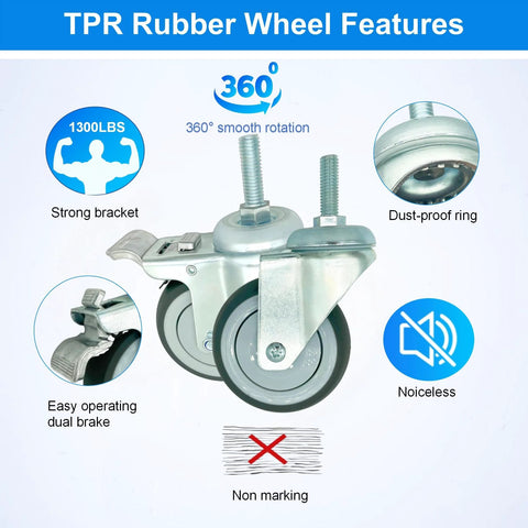 4 Inch Swivel Caster Wheels Heavy Duty With Nylon Brake Set Of 4 TPR Rubber Wheels showcasing features like 360 rotation and dust-proof ring