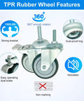Heavy Duty 4 Inch Swivel Caster Wheels With Aluminum Brake And Standard Threaded Stem, Set Of 4 Non Marking TPR Rubber Casters features 360° rotation.